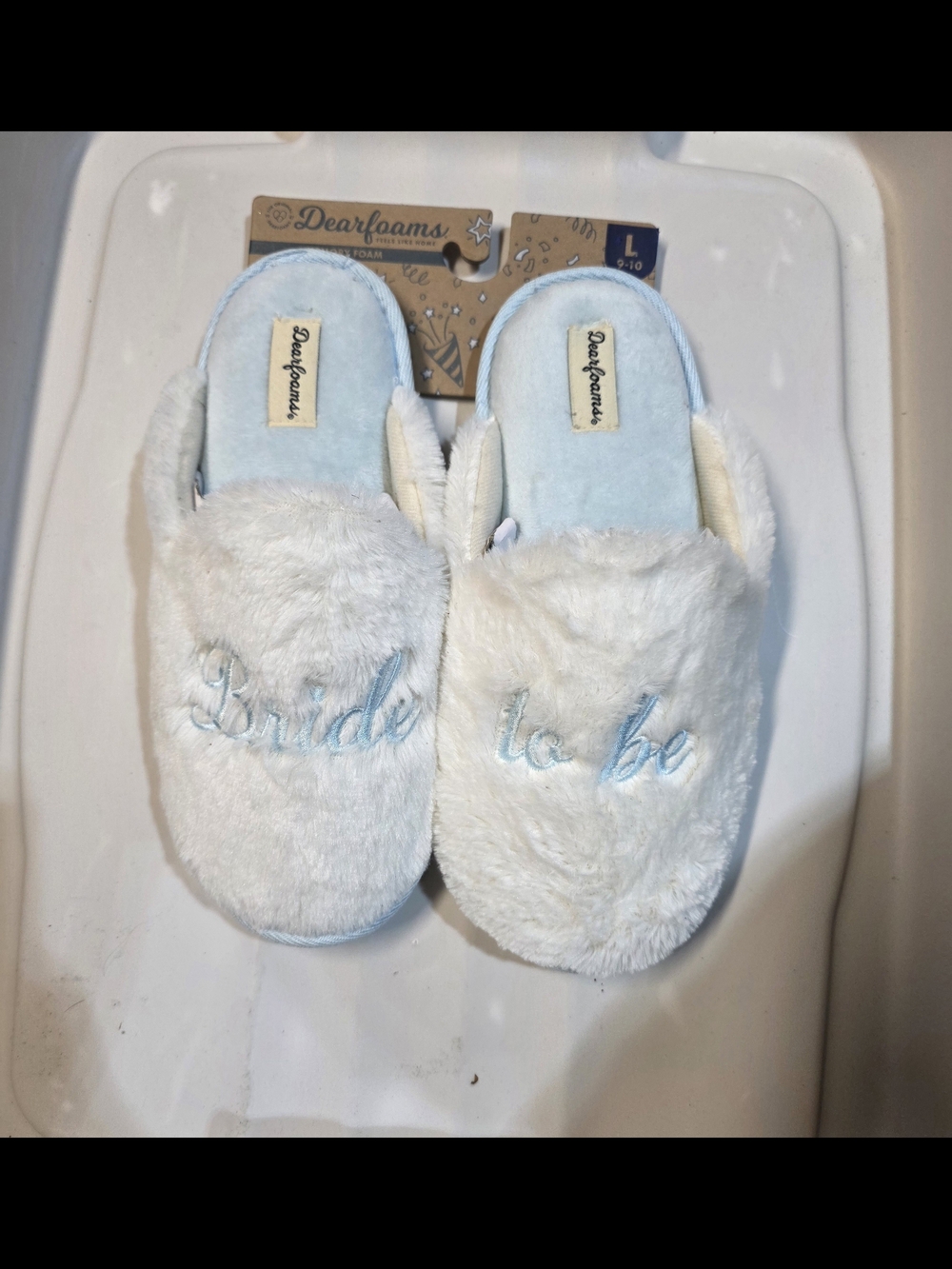 dearfoams White Plush 'Bride to Be' Slippers with Light Blue Accents